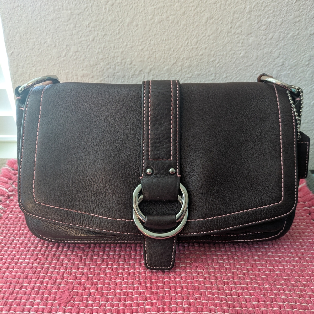 Coach Brown Leather Shoulder Bag, Tan Strap, Pink Interior/Stitching - NEW! 🩷 - Picture 13 of 13